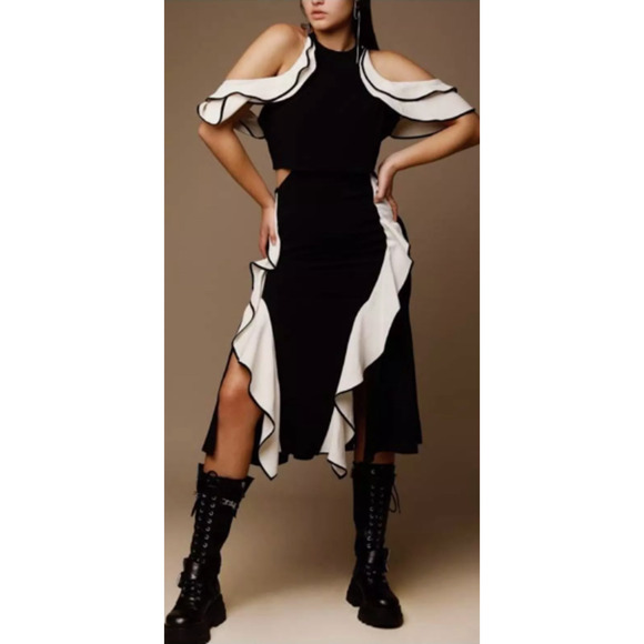 Jonathan Simkhai Ruffle Crepe Halter Off Shoulder Midi Dress 2 - Picture 12 of 13